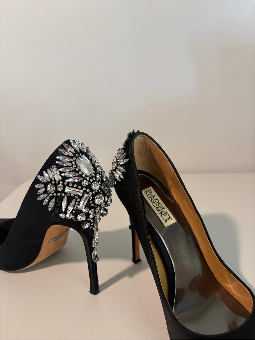 Badgley Mischka Black Satin Crystal Embellished Stiletto Heels